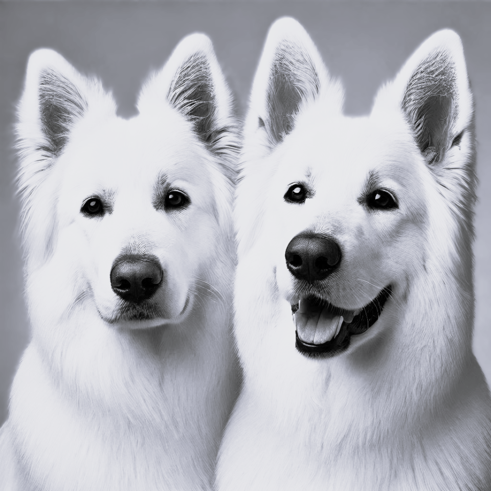 realistic photo of two Swiss white shepherds, one male and one female